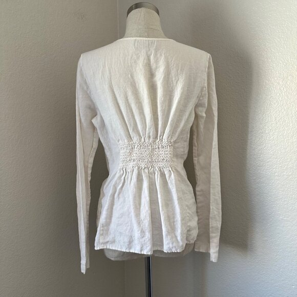 Juicy Couture Popover Linen Blouse Keyhole Tie Smocked White Minimalist Sz M - Picture 2 of 12